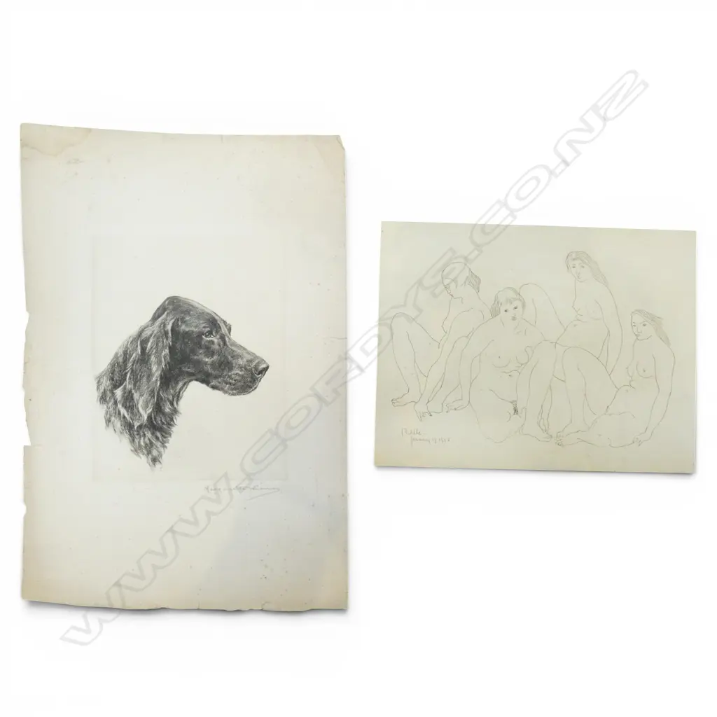 GEORGE BIDDLE (USA), 4 NUDES, LITHOGRAPH, SIGNED 245x320mm & MARGEURITE KIRMSE (USA) SETTER, ETCHING, SIGNED, 245x190mm  Image 1++