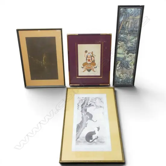 GROUP OF ORIENTAL ARTWORKS (1 X INDONESIAN PAINTING AND 3 CHINESE) VARIOUS SIZES