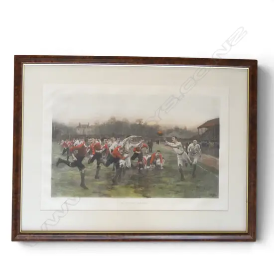 W B WOLLEN 'A RUGBY MATCH' 1895 'YORKSHIRE VS LANCASHIRE' LG HANDCOLOURED ENGRAVING. H.540 x 680mm