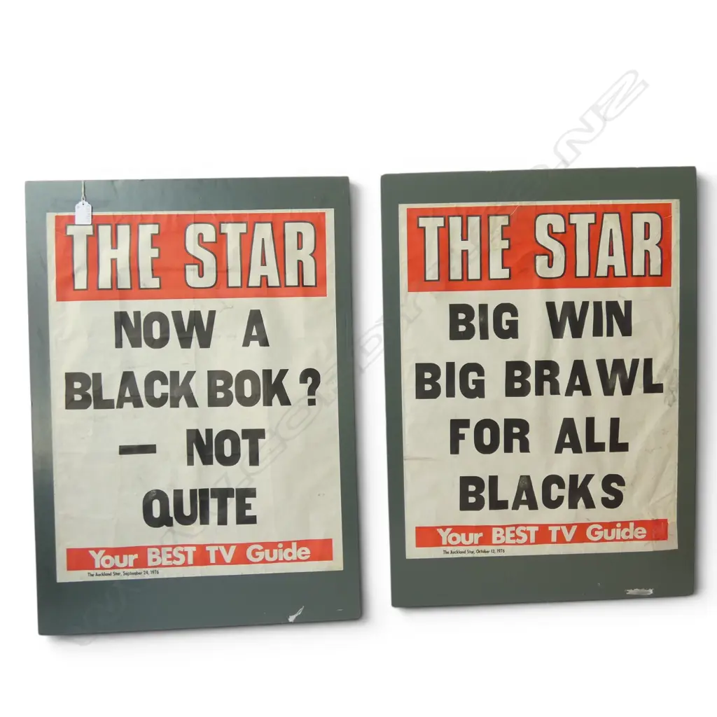 TWO 1976 ORIGINAL’ THE STAR’ BILLBOARDS ALL BLACKS SPRINGBOKS RUGBY SEE REVERSE, L.570MM W.440MM Image 1++