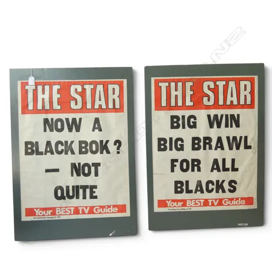 TWO 1976 ORIGINAL’ THE STAR’ BILLBOARDS ALL BLACKS SPRINGBOKS RUGBY SEE REVERSE, L.570MM W.440MM