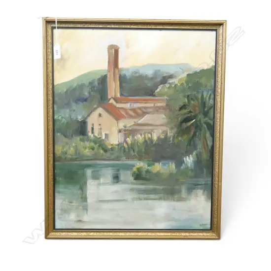 GLADYS HENDERSON, 'PUMP HOUSE TAKAPUNA', OIL ON BOARD, 500 x 400mm