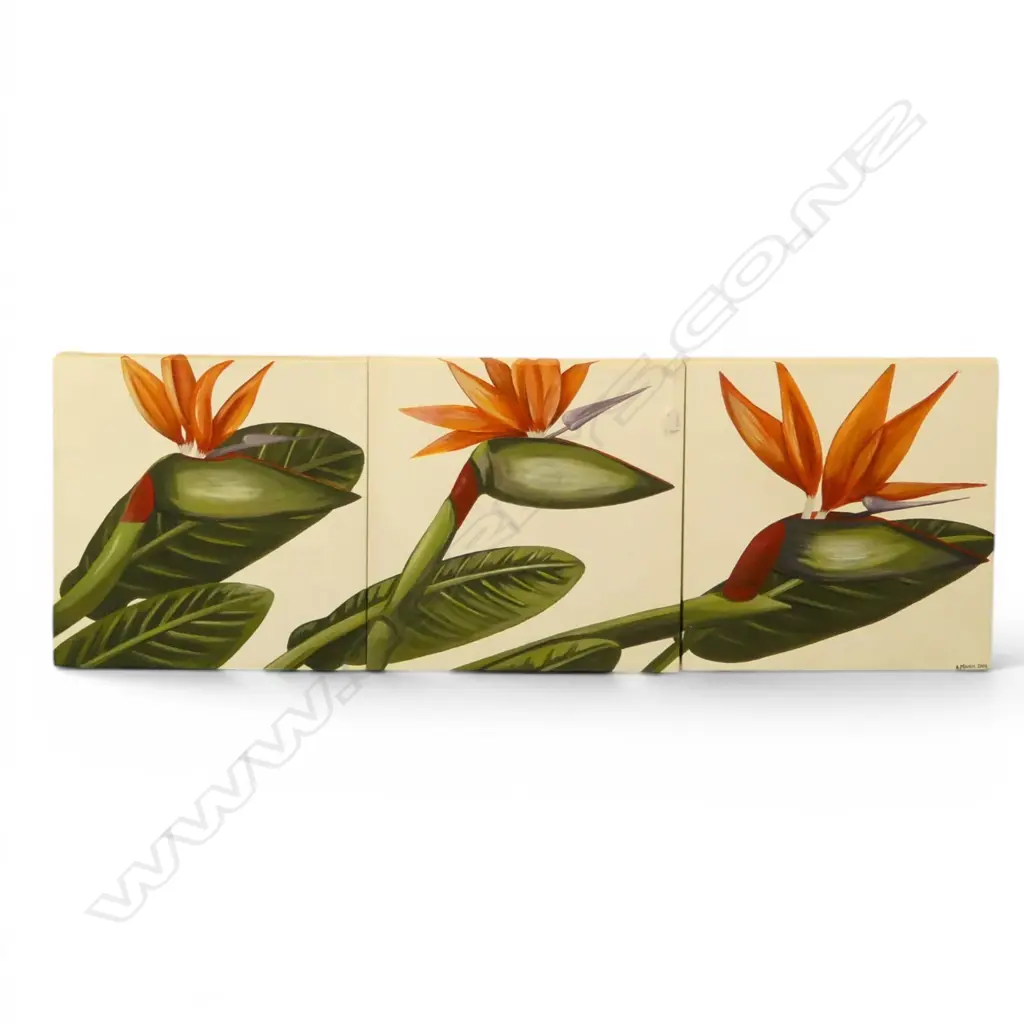 A. DENNIS, BIRDS OF PARADISE, ACRYLIC ON CANVAS (TRIPTYCH), 500 X 1500 mm (overall) Image 1++
