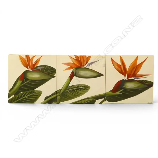 A. DENNIS, BIRDS OF PARADISE, ACRYLIC ON CANVAS (TRIPTYCH), 500 X 1500 mm (overall)