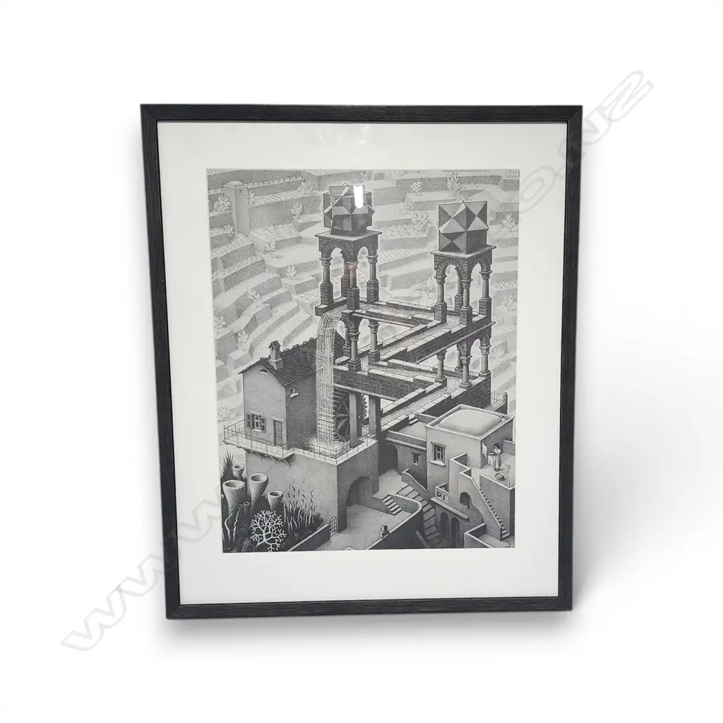 FRAMED POSTER OF THE 1961 LITHOGRAPH "WATERFALL" BY DUTCH ARTIST M. C. ESCHER. Image 1++