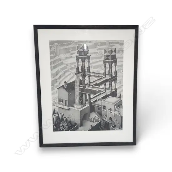 FRAMED POSTER OF THE 1961 LITHOGRAPH "WATERFALL" BY DUTCH ARTIST M. C. ESCHER.