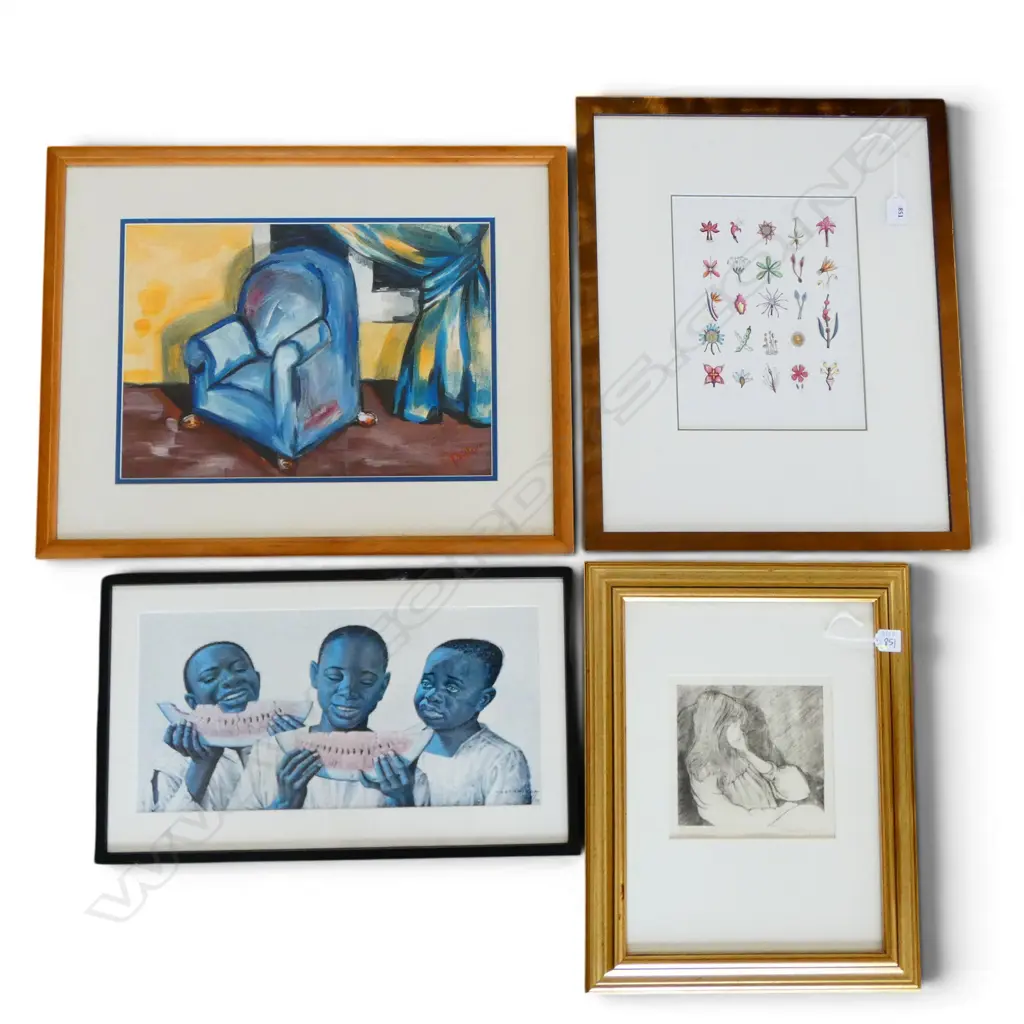 FOUR ARTWORKS, TRETCHIKOFF PRINT, JESSE HAGAN ETCHING, BRONWEN LITTLE W/C & INTERIOR SCENE Image 1++