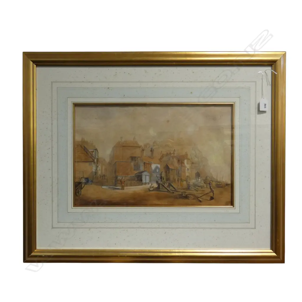 19th CENTURY ENGLISH SCHOOL, COASTAL VILLAGE, WATERCOLOUR, UNSIGNED, 285 X 440mm (foxing on glass and matt board) Image 1++