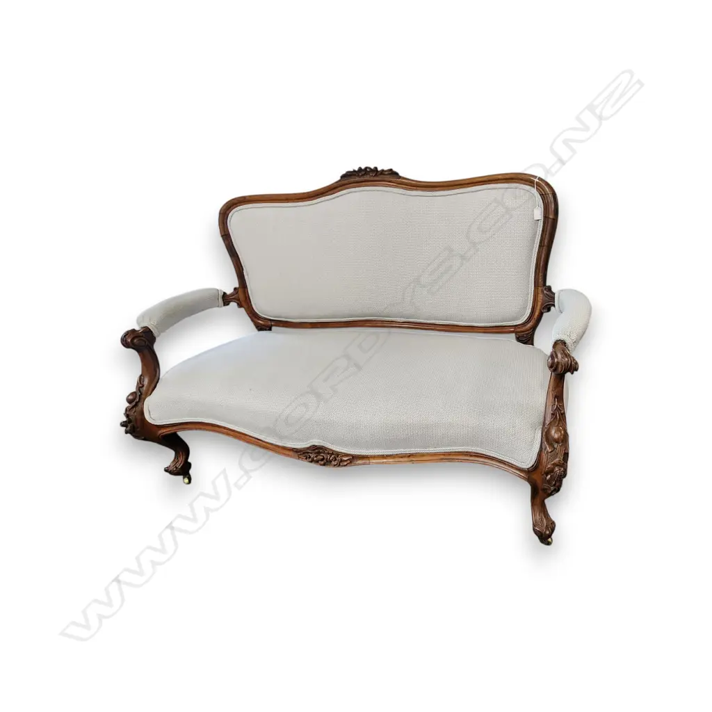 ANTIQUE FRENCH STYLE CARVED WALNUT SETTEE - NEWLY REUPHOLSTERED  L.1500MM Image 1++