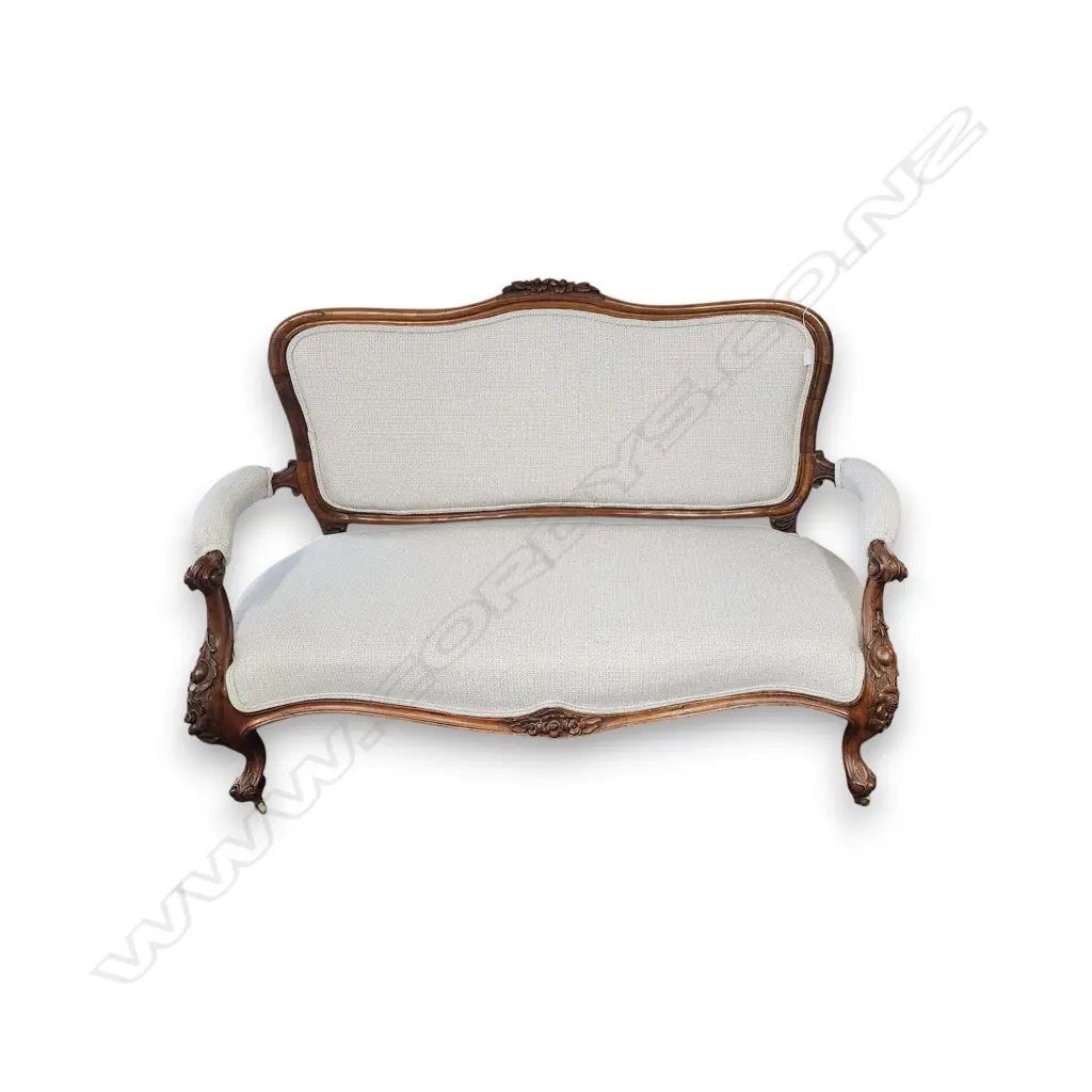 ANTIQUE FRENCH STYLE CARVED WALNUT SETTEE - NEWLY REUPHOLSTERED  L.1500MM Image 1++