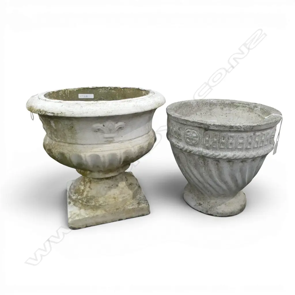 2 MISS MATCHED VINTAGE CONCRETE GARDEN PLANTERS H340 & 300MM Image 1++