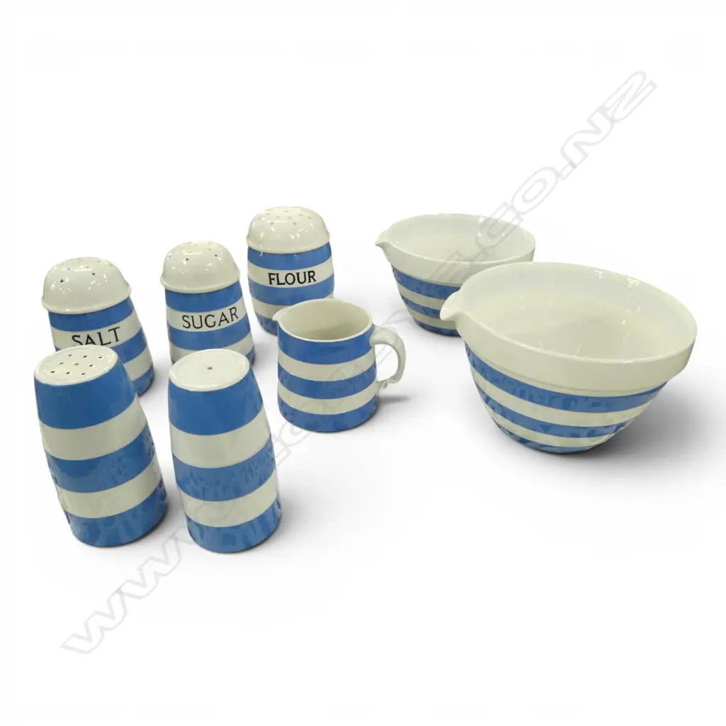 8 PCES CORNISHWARE; 5 CONDIMENTS, 2 BOWLS 165mm dia, JUG Image 1++