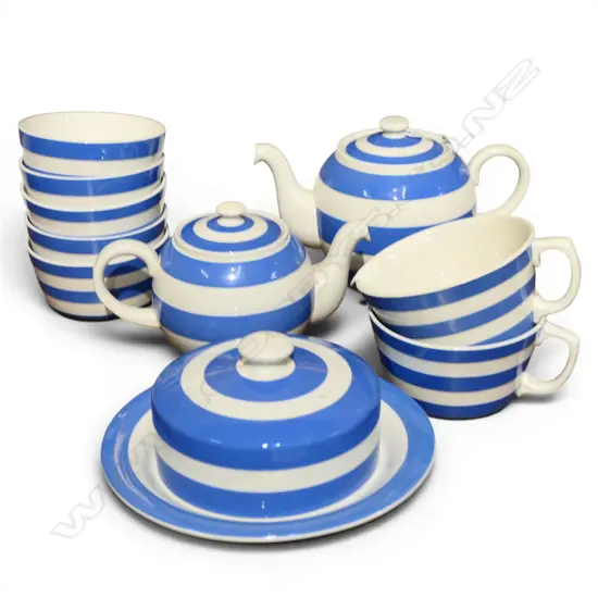 10 PCES CORNISHWARE; 2 TEAPOTS, BUTTER DISH 215mm dia ETC