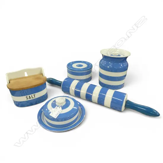 5 PCES CORNISHWARE; ROLLING PIN (T G GREEN), SALT, 3 LIDDED CONTAINERS