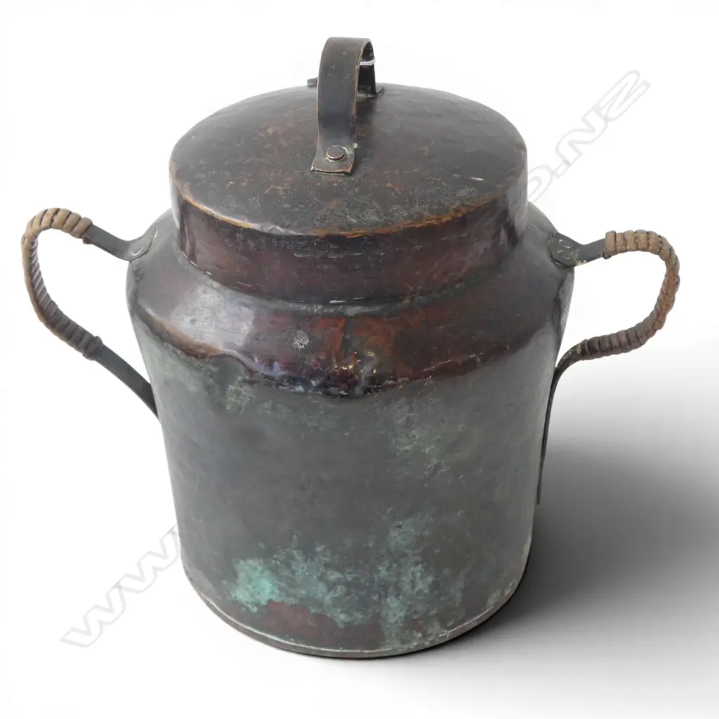 19thC JAPANESE PATINATED  COPPER CHARCOAL BOX H.297mm. Hammered finish. Cane bound handles Image 1++
