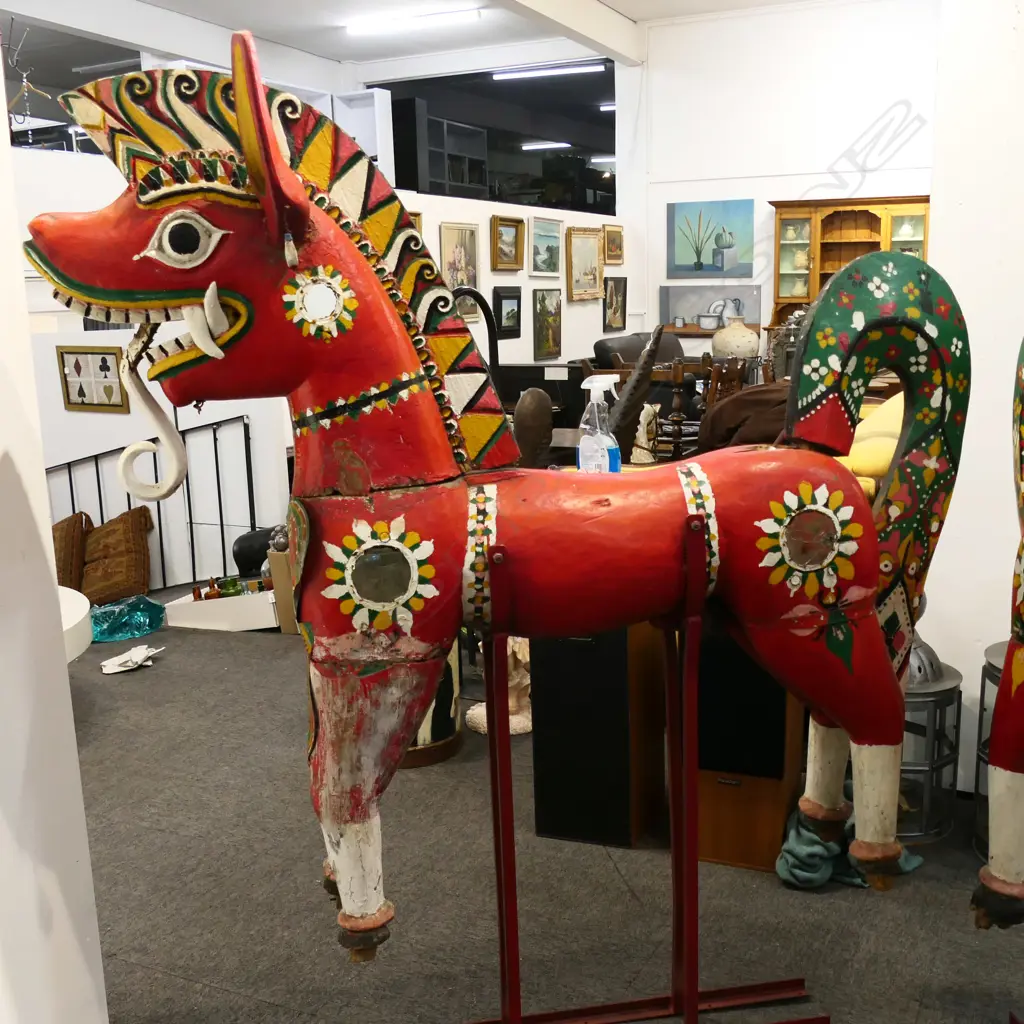PAIR LARGE VINTAGE THAI CARVED & RED PAINTED MODEL HORSES on metal stands H.1600mm. Ex. Monsoon Poon restaurant Akl. Image 1++