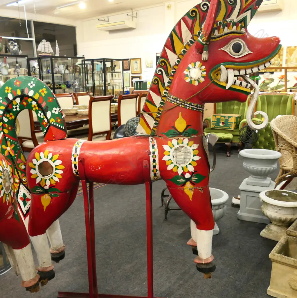 PAIR LARGE VINTAGE THAI CARVED & RED PAINTED MODEL HORSES on metal stands H.1600mm. Ex. Monsoon Poon restaurant Akl. Image 1++