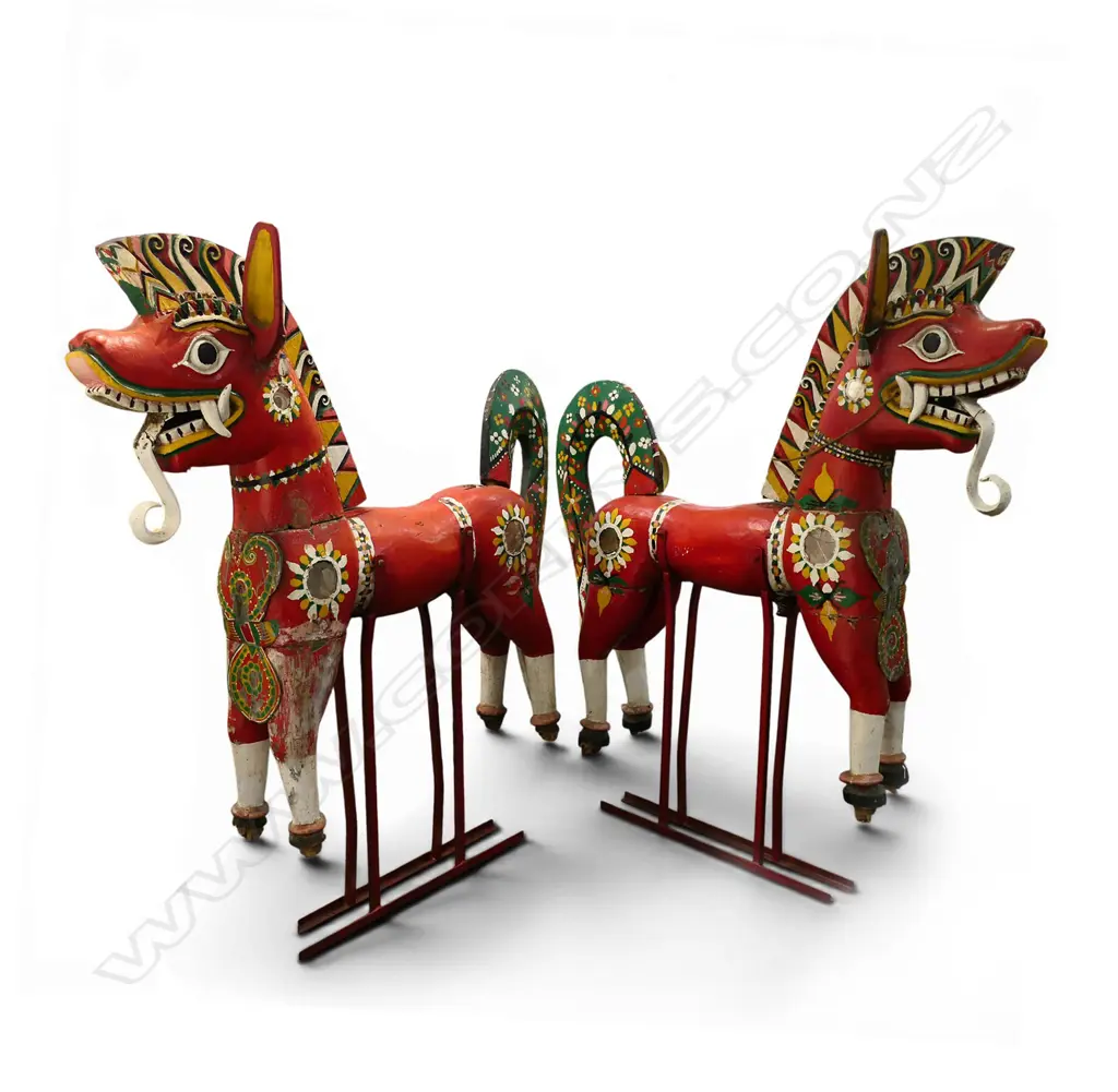 PAIR LARGE VINTAGE THAI CARVED & RED PAINTED MODEL HORSES on metal stands H.1600mm. Ex. Monsoon Poon restaurant Akl. Image 1++