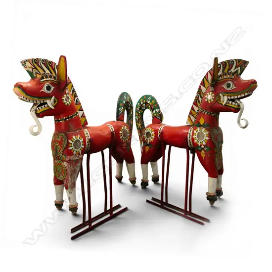 PAIR LARGE VINTAGE THAI CARVED & RED PAINTED MODEL HORSES on metal stands H.1600mm. Ex. Monsoon Poon restaurant Akl.