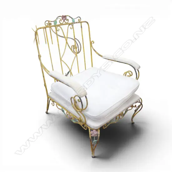 VINTAGE CONTINENTAL ARMCHAIR, WROUGHT IRON FRAME