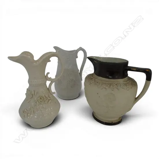 3 WHITE JUGS; BELLEEK ETC H.230mm