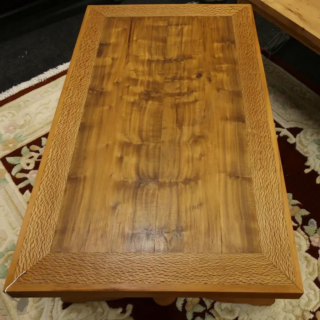 MIXED NZ NATIVE TIMBERS COFFEE TABLE BY NOLAN PAKER EX ESTATE 1020x610x390mm Image 1++