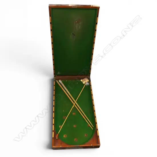 ANTIQUE BAGATELLE BILLIARDS GAME, MAHOGANY CASE, IVORY BALLS 1220x630x140mm