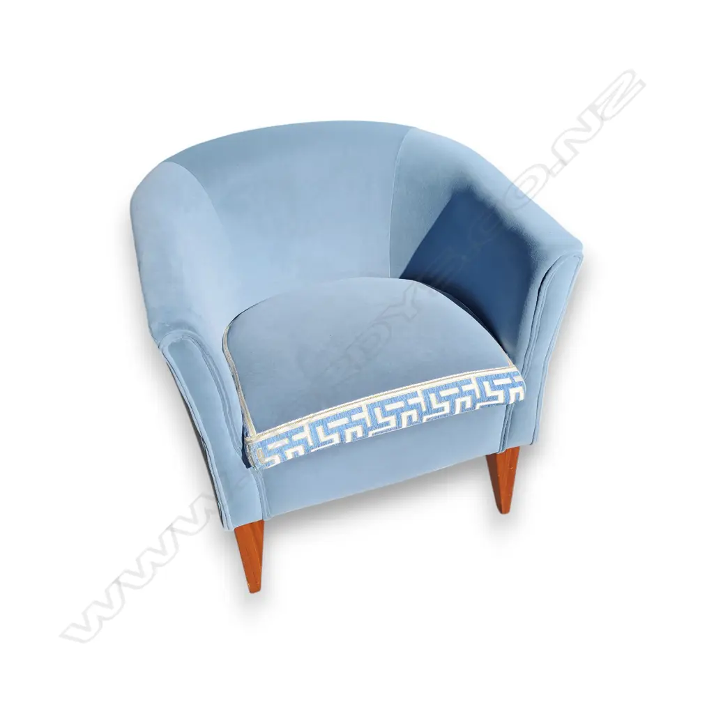 VELVET BLUE TUB CHAIR - NEWLY REUPHOLSTERED Image 1++