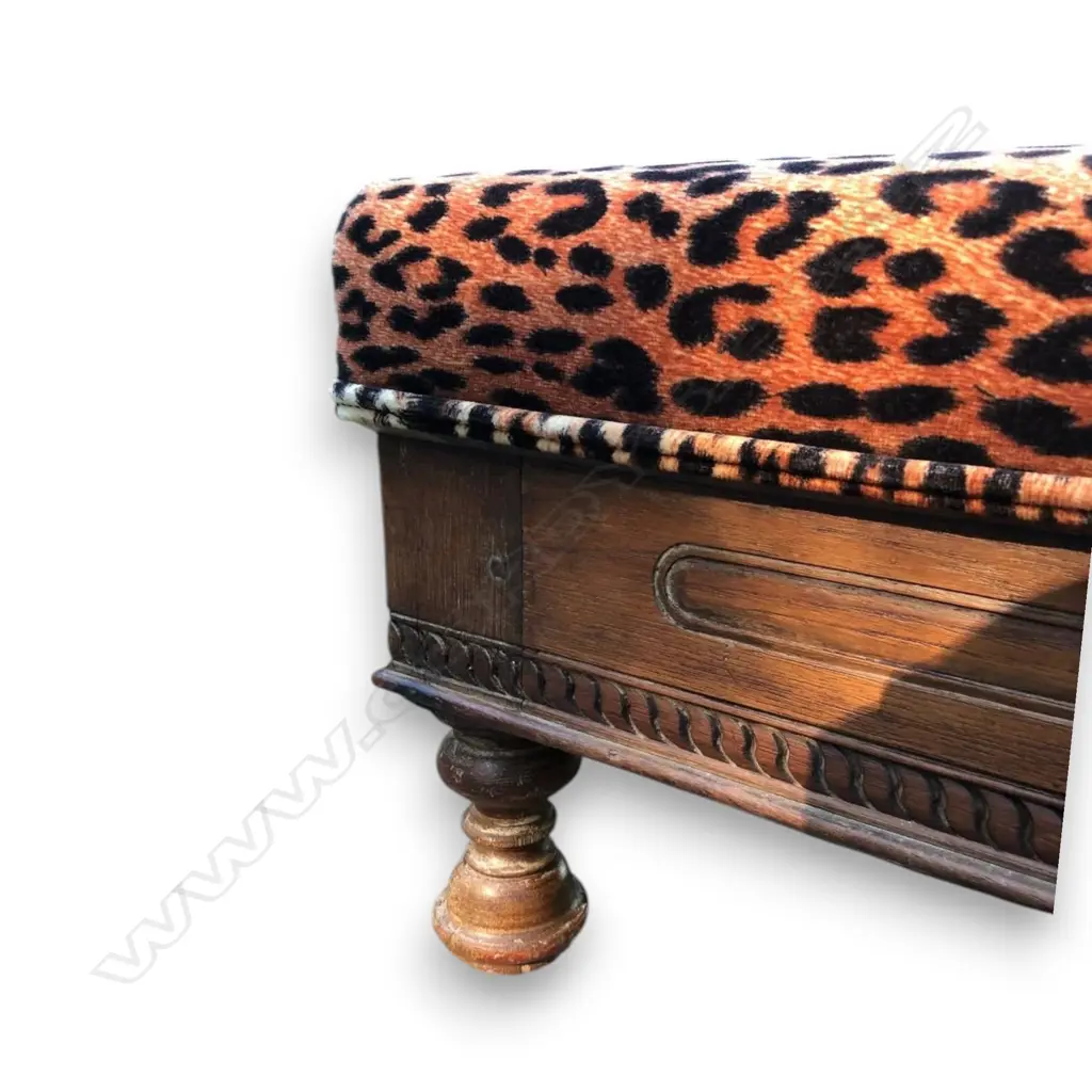 LEOPARD PRINT OTTOMAN WITH WOODEN BUN LEGS AND TWO BUILT-IN DRAWERS 620mm x 620mm x 310mm h Image 1++