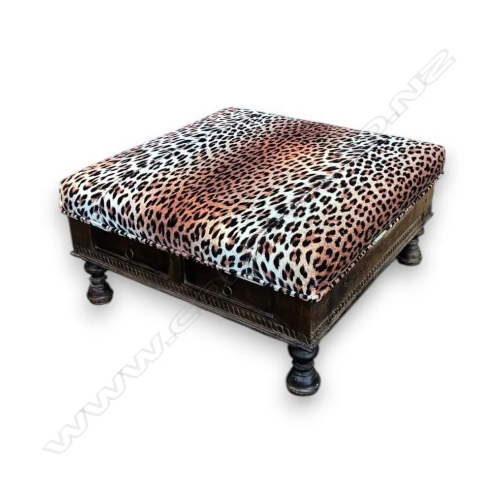 LEOPARD PRINT OTTOMAN WITH WOODEN BUN LEGS AND TWO BUILT-IN DRAWERS 620mm x 620mm x 310mm h Image 1++