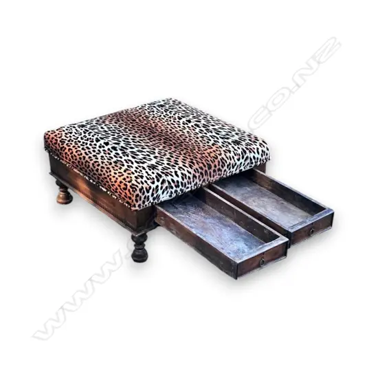 LEOPARD PRINT OTTOMAN WITH WOODEN BUN LEGS AND TWO BUILT-IN DRAWERS 620mm x 620mm x 310mm h
