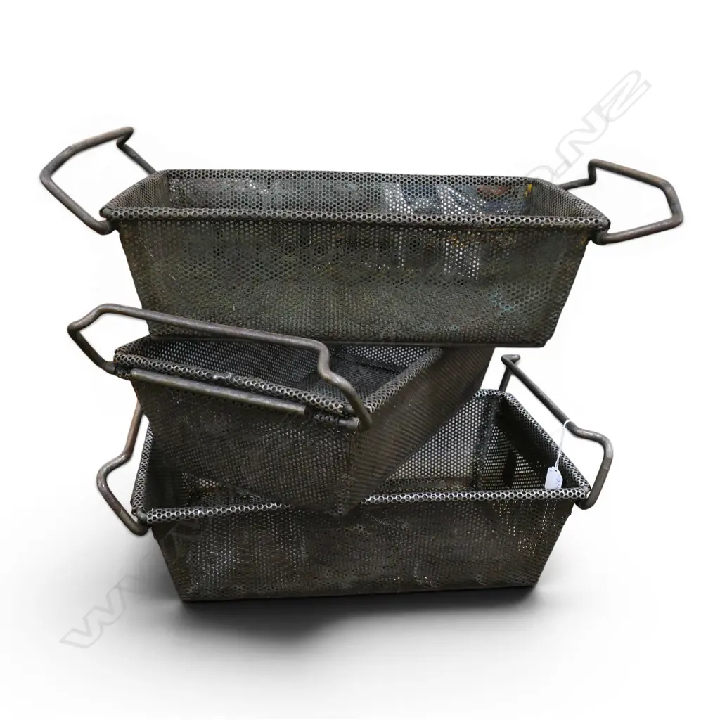3 VINTAGE FRENCH PERFORATED METAL CONTAINERS W.510mm Image 1++