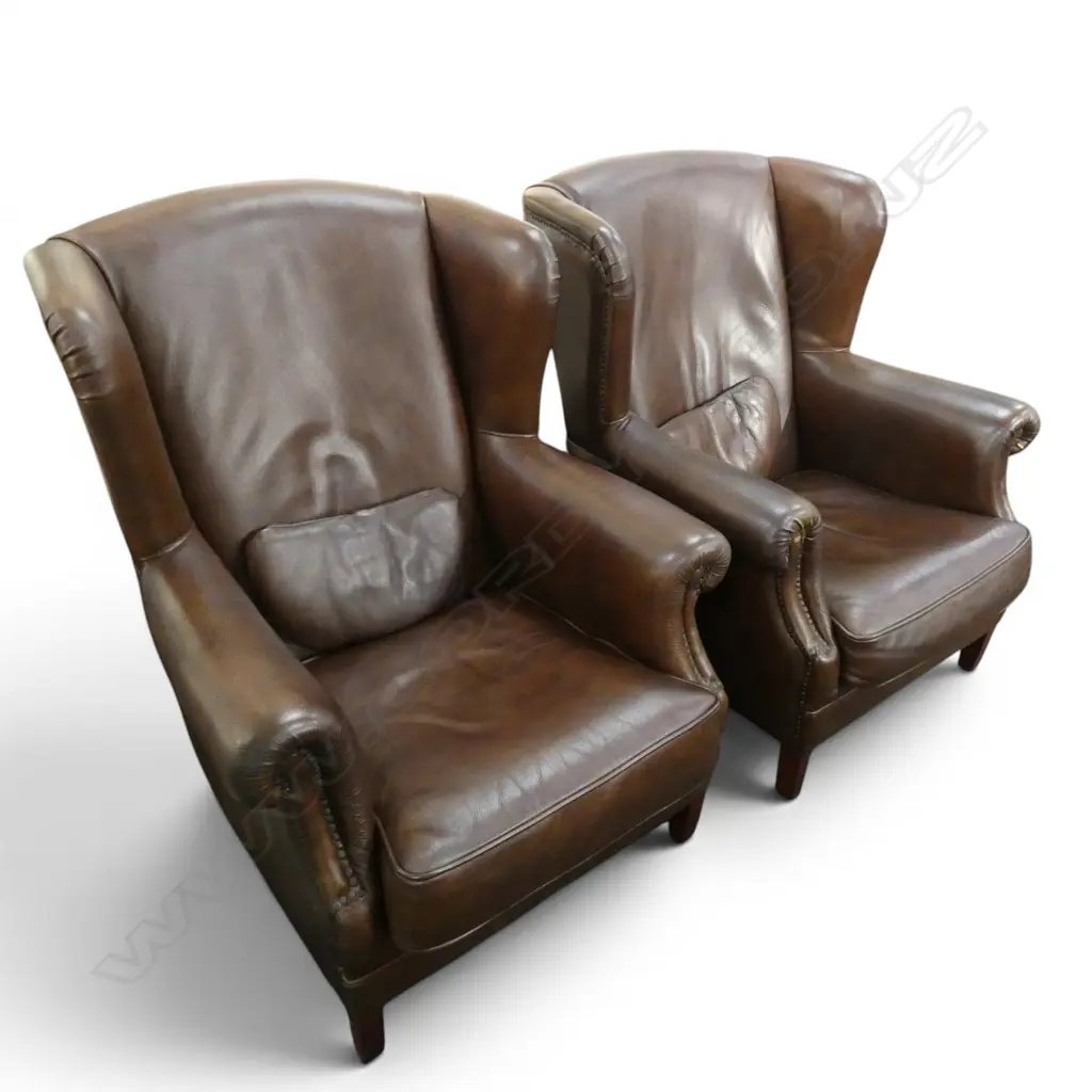 PR BROWN LEATHER WING BACK ARMCHAIRS Image 1++