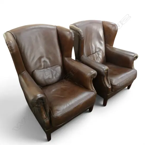 PR BROWN LEATHER WING BACK ARMCHAIRS