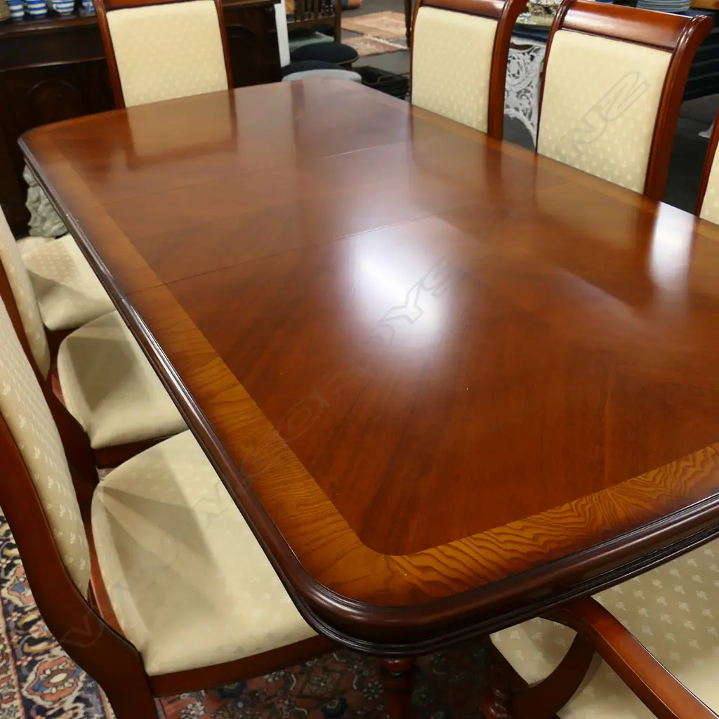MAHOGANY DOUBLE PEDESTAL DINING TABLE w. 1 LEAF 2100x1065x755mm & 8 CHAIRS Image 1++