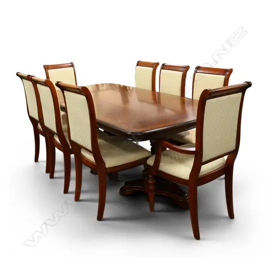 MAHOGANY DOUBLE PEDESTAL DINING TABLE w. 1 LEAF 2100x1065x755mm & 8 CHAIRS