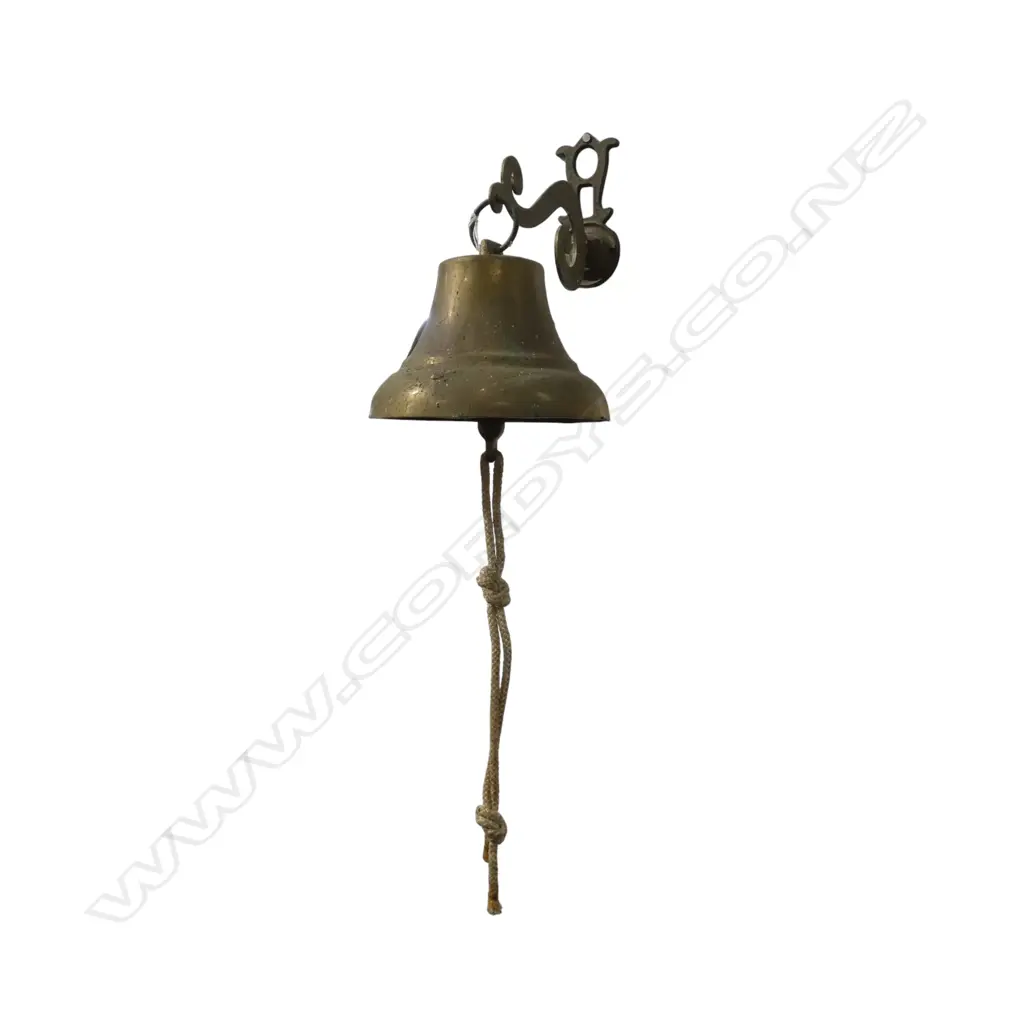 BRASS BELL with scrolling wall bracket & clapper. Dia.168mm. Image 1++