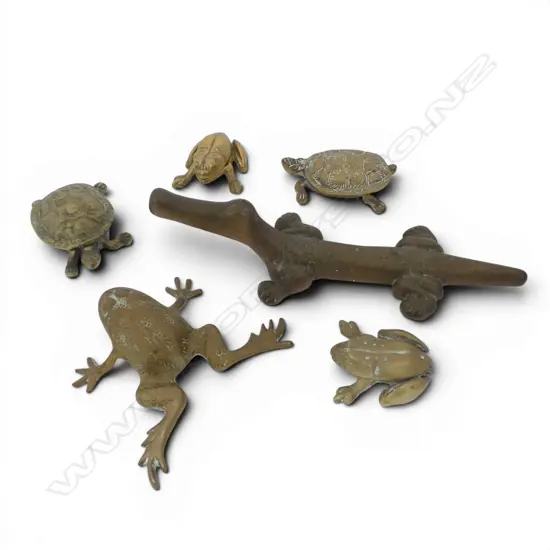 6 BRASS ANIMALS TURTLES FROGS ETC