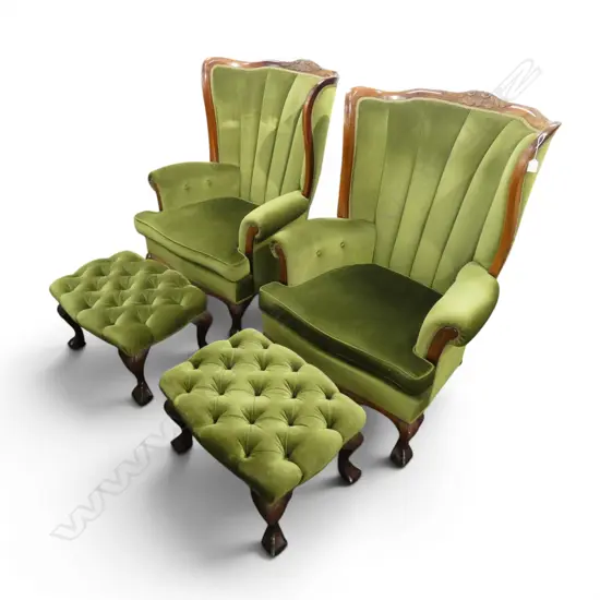 PR GREEN VELVET ARMCHAIRS EACH WITH FOOT STOOL