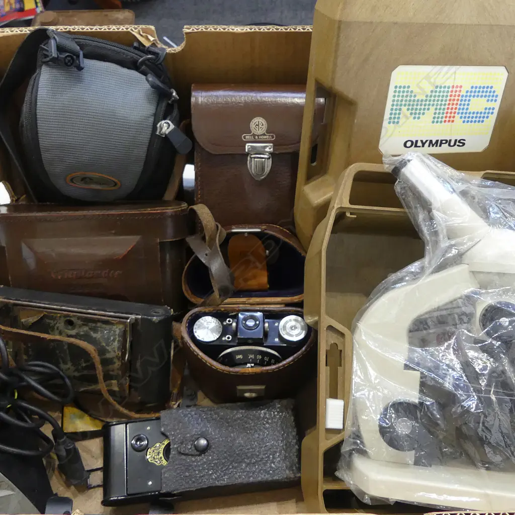 VINTAGE CAMERAS + OLYMPUS MICROSCOPE, CASED Image 1++