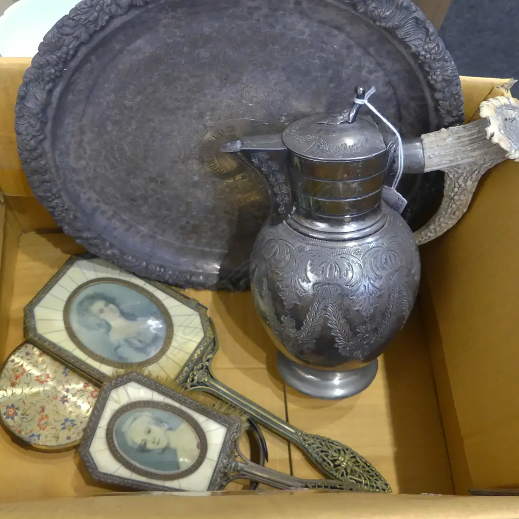SILVER PLATE SALVER + WINE EWER W ANTLER HANDLE + VANITY ITEMS + BANGLE Image 1++