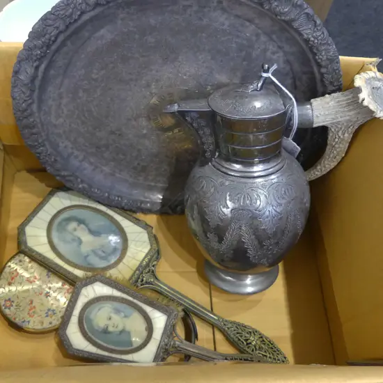 SILVER PLATE SALVER + WINE EWER W ANTLER HANDLE + VANITY ITEMS + BANGLE