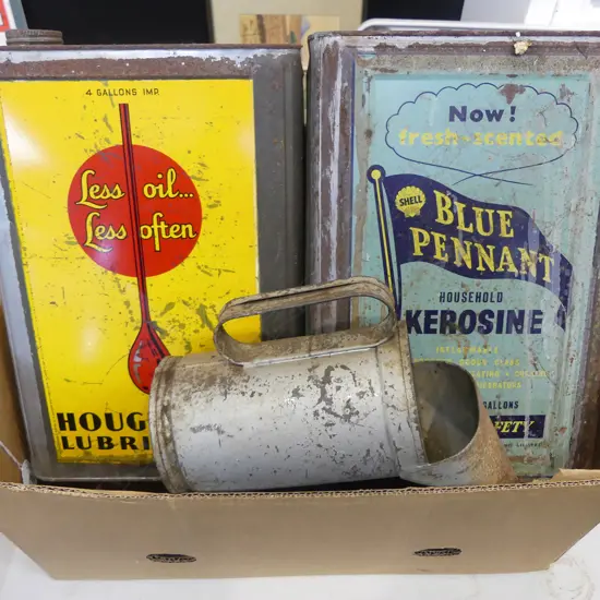 2 FOUR GALLON TINS & POURER; SHELL KEROSENE AND HOUGHTON OIL 