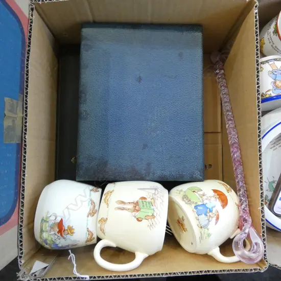 2 BOXED CUTLERY SETS 3 BUNNIKINS MUGS GLASS SWIZZEL STICK ETC