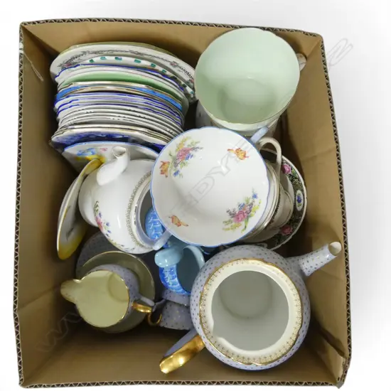 BOX LOT PART SHELLEY SETS MISSING LIDS SIDE PLATES ETC