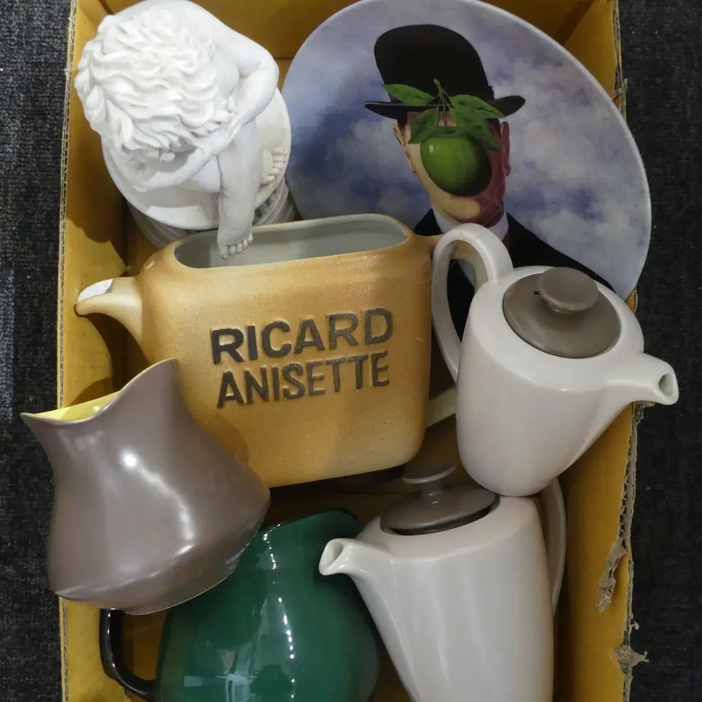 ASST. CHINA & CERAMICS INCLDS; 3 PCS POOLE, FRENCH RICARD ANISETTE JUG, LIMOGES MAGRITTE PLATE  ETC Image 1++