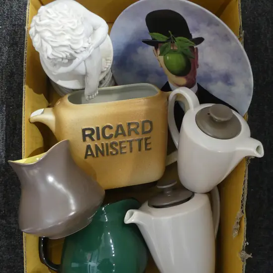 ASST. CHINA & CERAMICS INCLDS; 3 PCS POOLE, FRENCH RICARD ANISETTE JUG, LIMOGES MAGRITTE PLATE  ETC