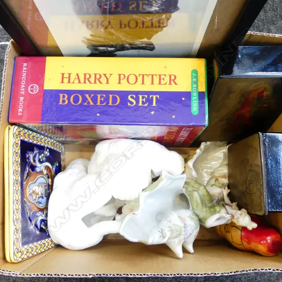 3 BOXED HARRY POTTER BOOKS, 2 SWANS, ASST. PORCELAIN ETC