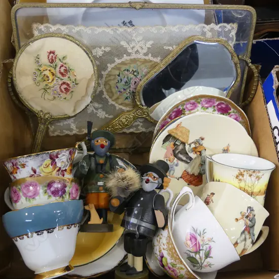 CHINA TRIOS, GLASS TRAY w LACE ETC