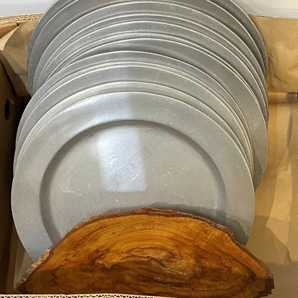13 LARGE PEWTER PLATTERS & WOOD BOWL Image 1++